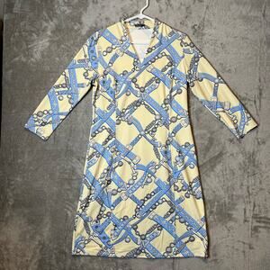 J. McLaughlin Sz Large Catalina Cloth Dress Blue Cream Chains Jewelry Pattern